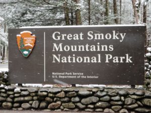 Great Smoky Mountains National Park sign in the winter